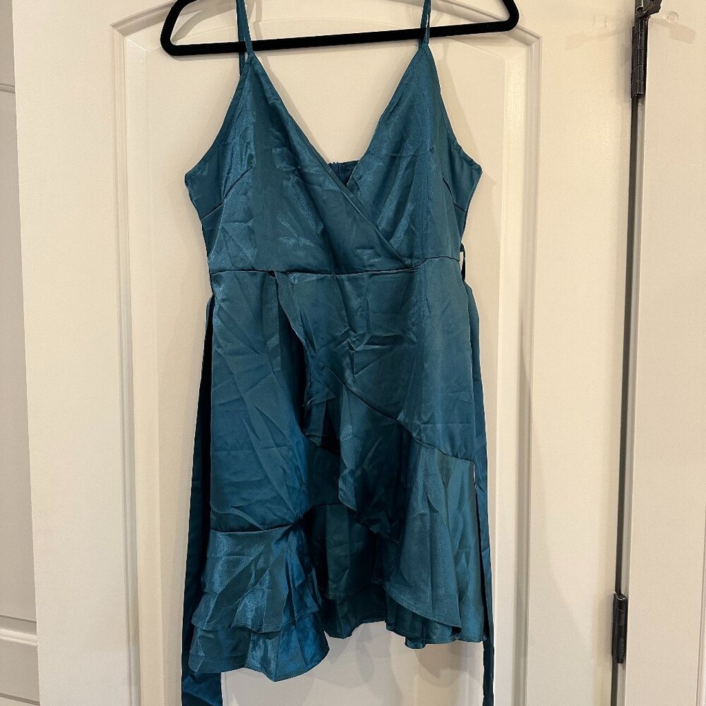 Teal, ruffled mini-dress with fabric belt